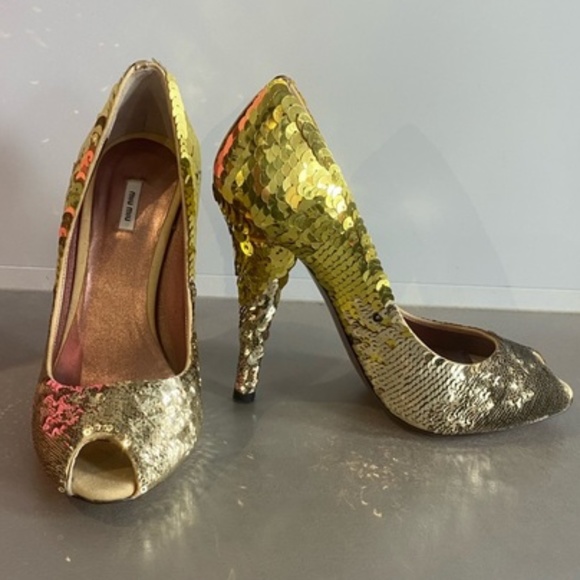 Miu Miu Gold Ombré Sequin Peep-Toe Sandals - Picture 3 of 5